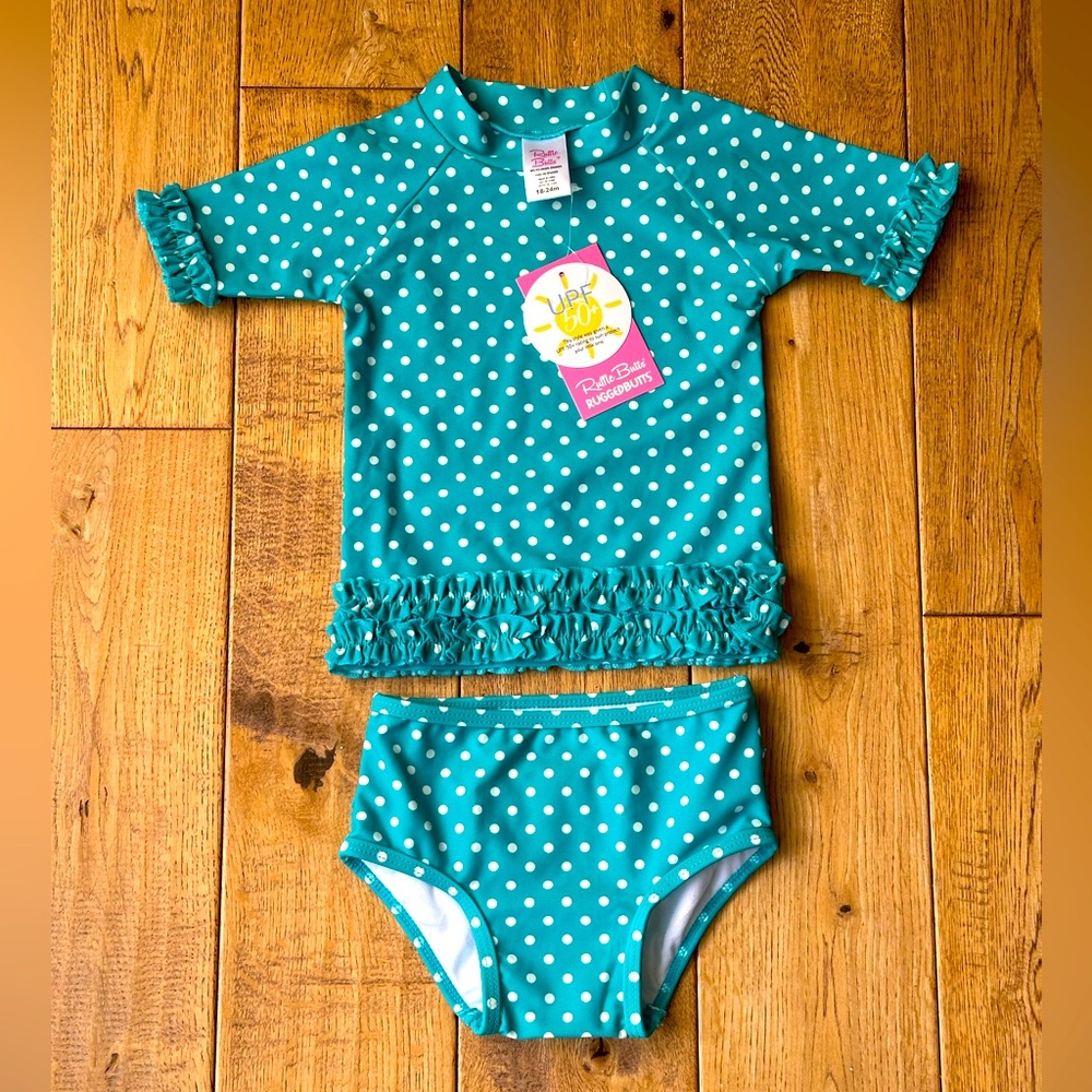 NEW Ruffle Butts Polka Dot Short Sleeve Rash Guard Bikini Swimsuit size 18-24 Mo